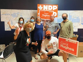 Photo supplied
NDP incumbent AMK candidate Carol Hughes (front left) was re-elected and kept her seat. She and her campaign team were at the Hampton Inn as the results were coming in.
