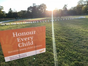The sun set at Chiefswood Park on a giant heart made of hundreds of luminaries – each one representing a former student at the Mohawk Institute or at another residential school.