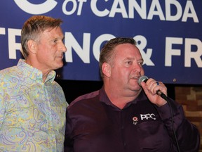 Maxime Bernier, leader of the People's Party of Canada, and Shawn McDonald, the party's candidate for Fort McMurray-Cold Lake, at a party rally at 57 North in Fort McMurray on Monday, September 13, 2021. Vincent McDermott/Fort McMurray Today/Postmedia Network