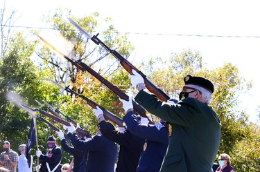 Royal Canadian Legion Branch 564 hosted a dedication ceremony for its expanded cenotaph, which now includes two granite memorial walls in tribute to deceased veterans who were members of the Lockerby Legion, as well as paver stones dedicated to legionnaires, veterans and their loved ones, in Sudbury, Ontario on Saturday, September 18, 2021. Ben Leeson/The Sudbury Star/Postmedia Network