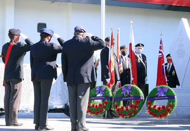Royal Canadian Legion Branch 564 hosted a dedication ceremony for its expanded cenotaph, which now includes two granite memorial walls in tribute to deceased veterans who were members of the Lockerby Legion, as well as paver stones dedicated to legionnaires, veterans and their loved ones, in Sudbury, Ontario on Saturday, September 18, 2021. Ben Leeson/The Sudbury Star/Postmedia Network