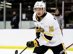 Sarnia Sting's Josh Vogelsberg (15) plays against the London Knights in an OHL pre-season game at Progressive Auto Sales Arena in Sarnia, Ont., on Saturday, Sept. 4, 2021. Mark Malone/Chatham Daily News/Postmedia Network