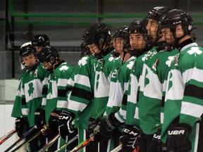 The Lucan Irish line up on the ice before their home opener against Port Stanley, where they walked away with a 4-3 victory. Dan Rolph