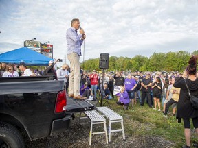 People's Party of Canada leader Maxime Bernier speaks to a crowd of 300 during a rally at the the Leaky Tank Truck Stop in Sarnia, Ont. on Wednesday September 15, 2021. (Derek Ruttan/The London Free Press)