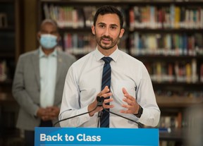 Ontario Minister of Education Stephen Lecce makes an announcement at St. Robert Catholic High School in Toronto on Wednesday, Aug. 4, 2021.