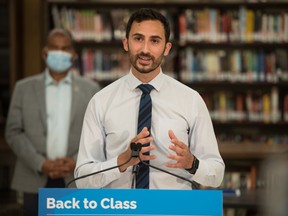 Ontario Minister of Education Stephen Lecce makes an announcement at St. Robert Catholic High School in Toronto on Wednesday, Aug. 4, 2021.