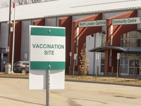 COVID-19 vaccination centre is located at the North London Optimist Community Centre on Cheapside Street. (Mike Hensen/The London Free Press)