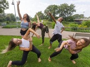The London Dance Festival returns this weekend with performances and workshops on Dundas Place and Ivey Park. Getting ready for the fun are, clockwise from lower left, Cynthia Nakeyar, Justine Strokan, Kaitlin Torrance, Yuan Sui and Clara Gharibo. (Mike Hensen/The London Free Press)