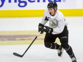 Colton Smith leans forward as he skates up the ice Wednesday Sept. 22, 2021, at a London Knights practice at Budweiser Gardens. Knights GM Mark Hunter said Smith is already reaping the rewards of getting in better shape during the pandemic. Smith scored three goals in the team's first two exhibition games. (Mike Hensen/The London Free Press)