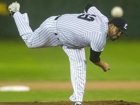 Eduardo Perez of the London Majors fires a pitch in the top of the first inning against the Toronto Maple Leafs during Game 3 of the IBL championship at Labatt Park in London on Tuesday September 28, 2021. London won, 6-4. Mike Hensen/The London Free Press