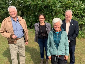 Haldimand-Norfolk MPP Toby Barrett, left,  Long Point Biosphere Reserve project manager Amelie Chanda, biosphere board chair Val Hickey and Roderick Walker, a volunteer with the Ontario Trillium Foundation, celebrated the announcement of a Trillium grant for the biosphere reserve to help reconnect people to the reserve's nature.