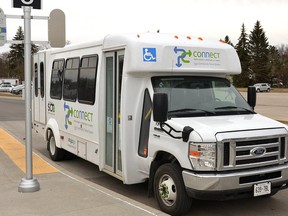 A PC Connect bus is stopped at the Stratford transit terminal recently. Ridership across the two routes has increased thanks to recent marketing efforts. GALEN SIMMONS/POSTMEDIA NETWORK