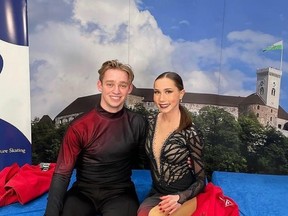 Alyssa Robinson, right, of Ridgetown, Ont., and ice dance partner Jacob Portz of Calgary finished in seventh place on the ISU Junior Grand Prix circuit in Ljubljana, Slovenia, on Saturday, Sept. 25, 2021. (Facebook Photo from Calalta Figure Skating Club)