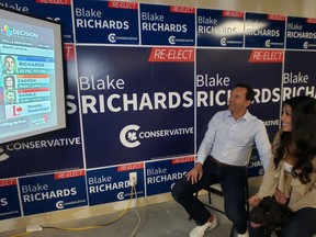 Blake Richards celebrates his win in the Banff-Airdrie Riding on September 20. Photo courtesy of Team Richards.