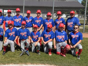 The Mitchell 15U baseball team captured the Ontario Baseball Association 'D' championship in Wyoming Sept. 4, finishing first in a four-team home-and-home series. Team members are back row (left): Jamie Visneskie (assistant coach), Trevor Russwurm (coach), Keegan Priestap, Payton Wood, Jordan Visneskie, Charlie Geiger, Dominic Marshall, Jack Miller, Jarrett Van Bakel, Cain Templeman (assistant coach). Front row (left): Steve Geiger (assistant coach), Joel Meinen, Caleb Templeman, Brennan Ward, Carson Harmer, Wade Campbell, Hayden Nicholson, Kellen Russwurm, Maggie McDonnell (assistant coach). Absent was Jack Small. ANDY BADER/MITCHELL ADVOCATE