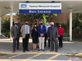 Front Row L-R:  Brighton Councillor Ron Anderson; Brighton Mayor Brian Ostrander; Mrs. Linda Evans; Dr. Stephen Evans; Quinte West Mayor Jim Harrison; QW Councillor Sally Freeman.
 
Back Row L-R:   Paula Mason, Docs by the Bay;  Michael Kotsovos, QW Councillor. Submitted