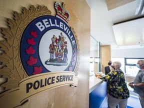 A sign for the Belleville Police Service is seen in the main lobby of their new headquarters. ALEX FILIPE