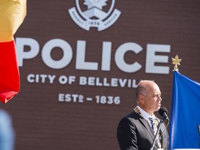 Belleville Mayor, Mitch Panciuk, speaks at the grand opening of Belleville Police's new headquarters. ALEX FILIPE