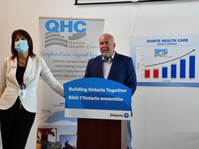 Bay of Quinte MPP Todd Smith is pictured with Quinte Health Care president and CEO Stacey Daub. The province announced Sunday QHC will be receiving an additional $8.8 milion in funding.