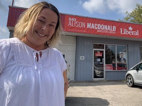 Alison Macdonald, Liberal candidate in Brantford-Brant, stands outside her campaign headquarters on Charing Cross Street.