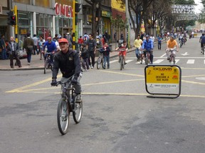 To the delight of pedestrians and cyclists alike, downtown streets in Bogota are closed to motorized traffic every Sunday for CiclovÌa.