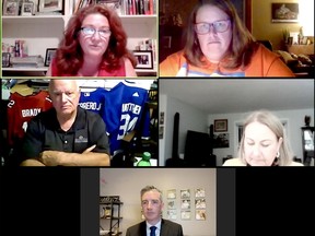 Clockwise from middle left, moderator Bruce Wylie, Liberal candidate Roberta Abbott, New Democrat Michelle Taylor, Green candidate Lorraine Rekmans and incumbent Conservative Michael Barrett take part in Tuesday's virtual debate on environmental issues. (SCREENSHOT)