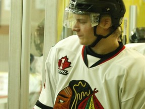 Jonathan Heise enters the home bench area at the Brockville Memorial Centre before a developmental scrimmage in March. The left-winger was part of a recent trade with the Cornwall Colts.
File photo/The Recorder and Times