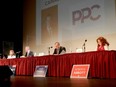 From left, Michelle Taylor (NDP), Michael Barrett (CPC), Alex Cassell (PPC) and Roberta Abbott (LPC) take part in a federal candidates' debate at the Brockville Arts Centre on Wednesday evening. (MARSHALL HEALEY/The Recorder and Times)