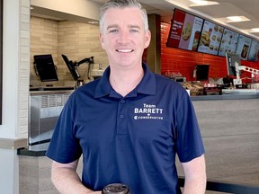 Conservative Michael Barrett, the incumbent in Leeds-Grenville-Thousand Islands and Rideau Lakes, stops by a Tim Hortons in Brockville for an interview. (RONALD ZAJAC/The Recorder and Times)