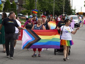 The streets filled with rainbows as the 1000 Islands Pride parade participants marched down Stone Street South in Gananoque on Sunday, the last day of Pride Week, 2021. (FILE PHOTO)