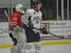 Brockville goalie Brandon Abbott contends with Smiths Falls forward Lleyton McLean during a Bears power-play on Tuesday night. Abbott stopped 15 of 16 shots in the Braves' 3-1 home win as the CCHL pre-season continues.
Tim Ruhnke/The Recorder and Times