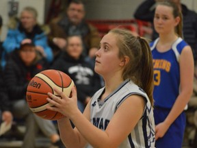 Sydney Jardine of the St. Mary Crusaders attempts a free throw during the Leeds Grenville junior girls basketball A championship in Nov. 2019. After last season was cancelled because of the COVID-19 pandemic, there are plans for girls basketball and other fall-season sports to return.
File photo/The Recorder and Times