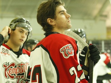 Kemptville's Hunter Brazier looks up as teammate Ethan Esposito takes his place on the bench prior to the 73's exhbition game in Brockville on Saturday. Brazier went on to score a goal and add an assist in the shootout loss.
Tim Ruhnke/The Recorder and Times