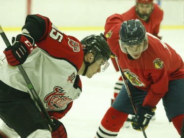 Patrick Larkin and Marco Iozzo take a faceoff in the 73's end during a Kemptville-Brockville exhibition game at the Memorial Centre on Saturday, Sept. 18.
Tim Ruhnke/The Recorder and Times