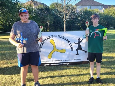 Advanced throwers Travis Mason (left) and Aidan Curley at the boomerang tournament in Brockville. It was Curley's third time winning at the annual event.
Submitted photo/The Recorder and Times