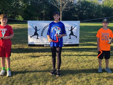 Top three novice throwers at the Brockville Boomerang Club's 2021 tournament (from left): James Kafenzakis (second), Alexis Gagnon (first) and Aaron Janssens (third).
Submitted photo/The Recorder and Times