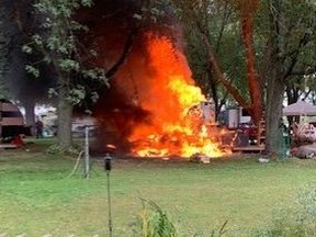 No injuries were reported in a trailer fire at Grenville Park just east of Johnstown late Tuesday afternoon. Firefighters from Edwardsburgh Cardinal, Prescott and Augusta responded, as did Leeds Grenville EMS and Grenville County OPP.
Submitted photo/The Recorder and Times