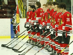 Brockville players line up after being introduced individually at the start of the Braves' hope-opener against the Ottawa Jr. Senators.
Tim Ruhnke/The Recorder and Times