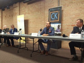 Lambton-Kent-Middlesex NDP candidate Jason Henry speaks during the Sept. 9 forum in Chatham. At right is Jeremy Hall, Green candidate for the riding. At left are Chatham-Kent-Leamington candidates, including incumbent Conservative Dave Epp, NDP's Dan Gelinas and Liberal Greg Hetherington. Trevor Terfloth/Postmedia Network