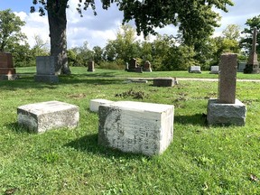 Several monuments were damaged after a powerful storm recently swept through the Dresden Cemetery on Sept. 12. Peter Epp/Chatham This Week