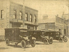 New Studebaker funeral coaches lined up on 4th Street in Chatham, 1915. Photo faces northwest.
