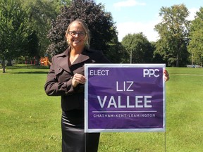 Liz Vallee, People's Party of Canada candidate for Chatham-Kent-Leamington, says the Chatham-Kent Chamber of Commerce is invited to meet with PPC leader Maxine Bernier when he visits Chatham on Sept. 15, despite her not being invited to participate in a chamber-sponsored all-candidates election forum on Thursday. Ellwood Shreve/Chatham Daily News/Postmedia Network