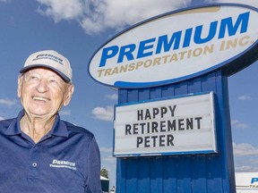The retirement of long-haul trucker Peter Klassen, 90, "leaves a hole in the industry that will take two or three truckers to fill," say his former bosses at Centralia's Premium Transportation Inc., where he spent nearly as third of his 66-year, 14-million-kilometre career. Mike Hensen/Postmedia Network