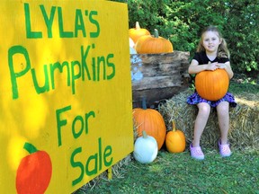 Lyla Lalonde, 6, will be selling an array of produce once more this year, which includes pumpkins, gourds, squash, onions and garlic. The young entrepreneur and her parents donate a portion of their sales to CHEO. Photo taken on Saturday September 4, 2021 in Apple Hill, Ont. Francis Racine/Cornwall Standard-Freeholder/Postmedia Network