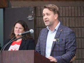 Campaign chair Nicholas Seguin, with United Way/Centraide of SD&G executive director Juliette Labossiere at left. Photo on Thursday, September 9, 2021, in Cornwall, Ont. Todd Hambleton/Cornwall Standard-Freeholder/Postmedia Network