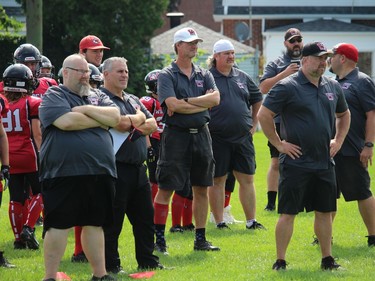 A large group of coaches at the Cornwall Wildcats Mosquito Division team bench for Sunday's contest. Photo on Sunday, September 12, 2021, in Cornwall, Ont. Todd Hambleton/Cornwall Standard-Freeholder/Postmedia Network