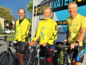 Mike Woodard, Timo Itkonen, Rob Montgomery and Gabe McReynolds (not pictured) are cycling 10,000 kilometres across Canada in order to raise funds for the construction of wells in Africa. They stopped in Cornwall on Wednesday September 15, 2021 in Cornwall, Ont. Francis Racine/Cornwall Standard-Freeholder/Postmedia Network