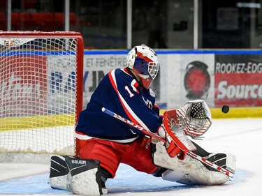 Cornwall Colts goaltender Alex Houston goes for a glove save during exhibition play against the Brockville Braves, on Saturday September 11, 2021 in Cornwall, Ont. Cornwall won 6-1. Robert Lefebvre/Special to the Cornwall Standard-Freeholder/Postmedia Network