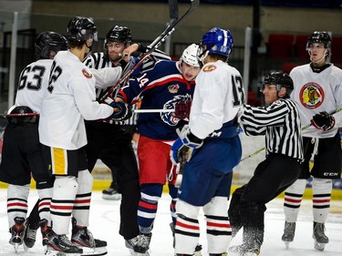 Cornwall Colts Bradley Fraser in the middle of a post-whistle scrum during exhibition play against the Brockville Braves, on Saturday September 11, 2021 in Cornwall, Ont. Cornwall won 6-1. Robert Lefebvre/Special to the Cornwall Standard-Freeholder/Postmedia Network