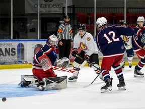 Cornwall Colts goaltender Alex Houston watches the rebound during exhibition play against the Brockville Braves, on Saturday September 11, 2021 in Cornwall, Ont. Cornwall won 6-1. Robert Lefebvre/Special to the Cornwall Standard-Freeholder/Postmedia Network